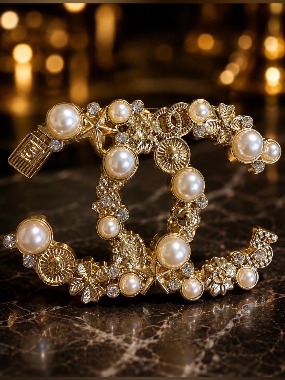 Gold Tone Pearl Crystal Statement Brooch Pin